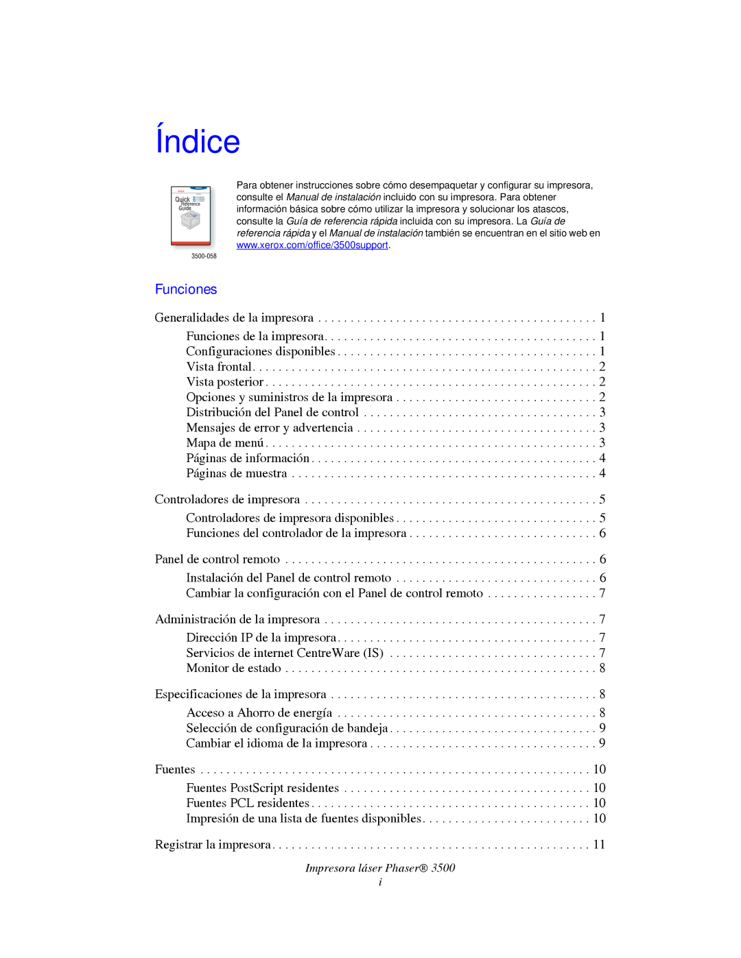 Xerox 3500 manual Índice 