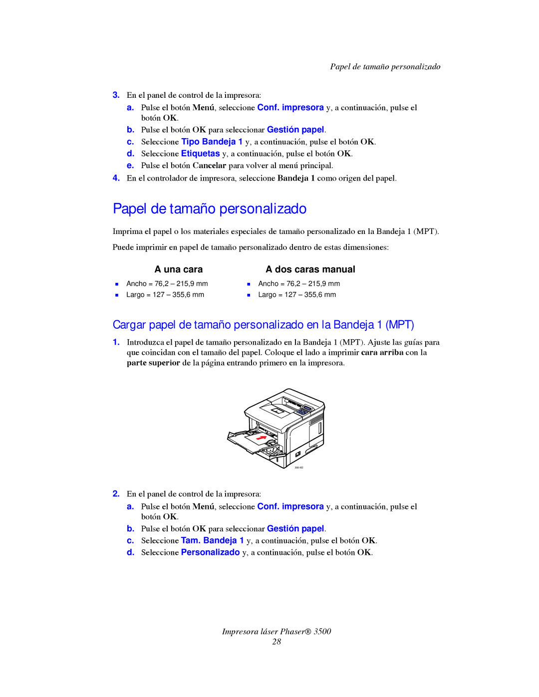 Xerox 3500 manual Papel de tamaño personalizado, Cargar papel de tamaño personalizado en la Bandeja 1 MPT 