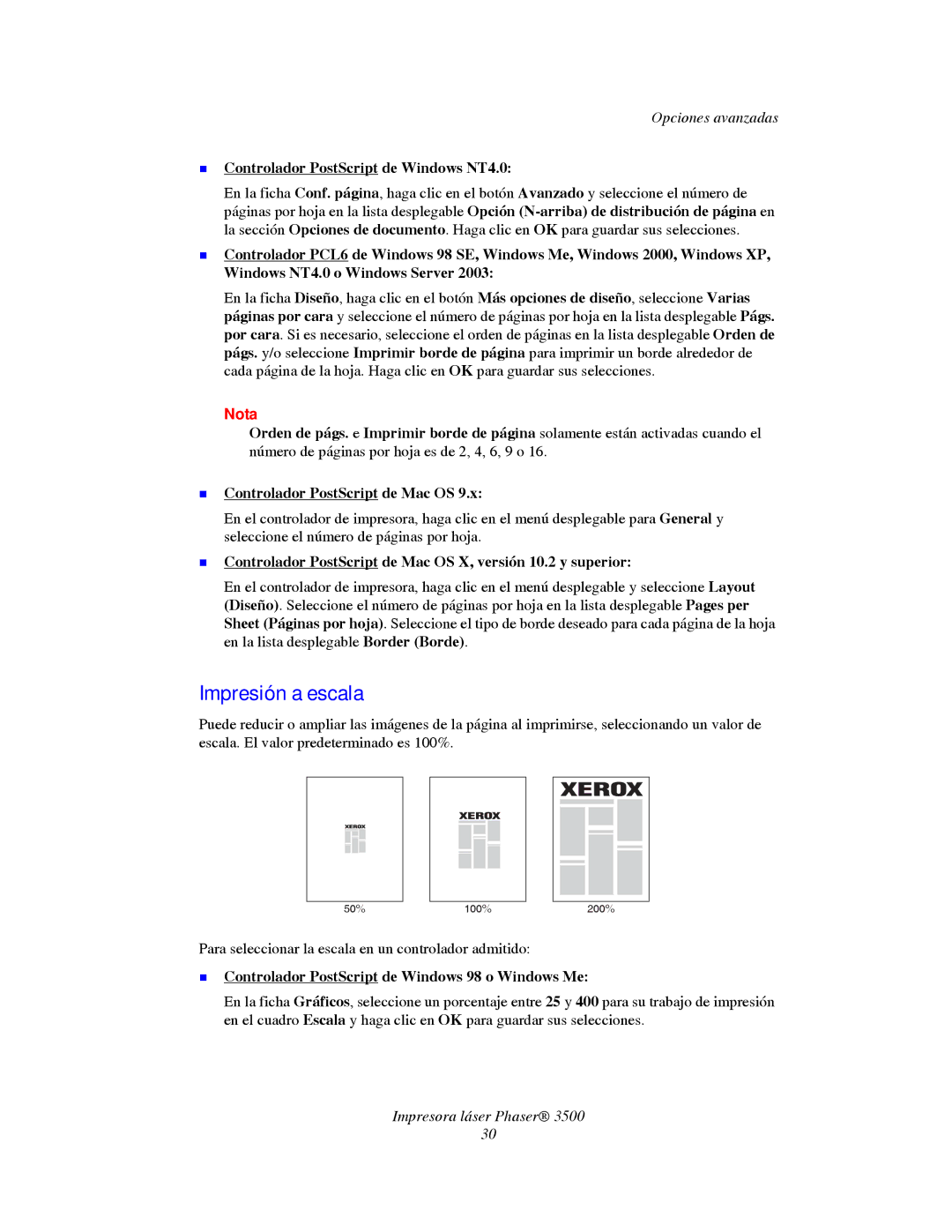 Xerox 3500 manual Impresión a escala, „ Controlador PostScript de Windows NT4.0 