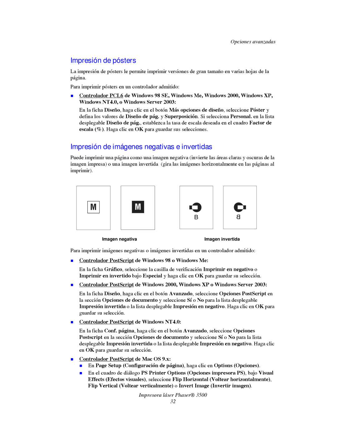 Xerox 3500 manual Impresión de pósters, Impresión de imágenes negativas e invertidas 