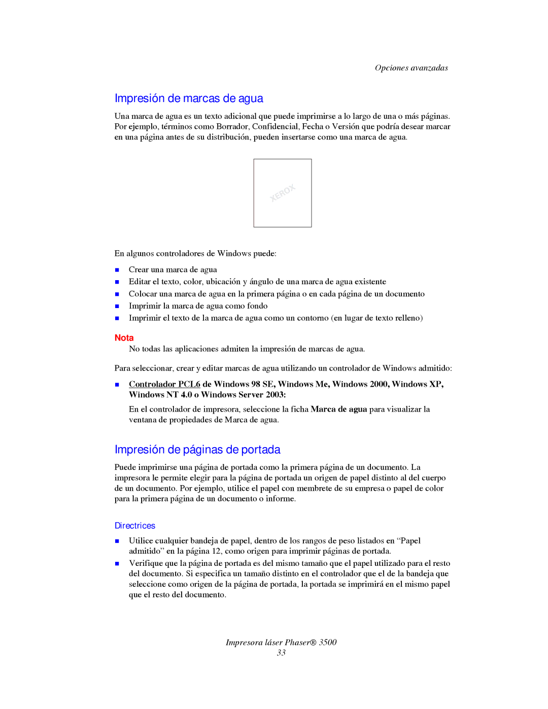 Xerox 3500 manual Impresión de marcas de agua, Impresión de páginas de portada 