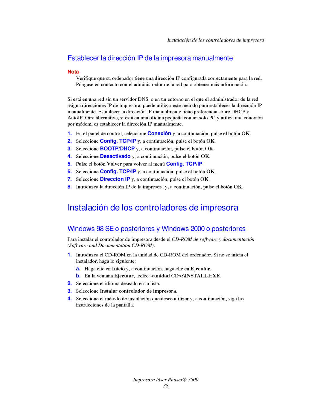 Xerox 3500 Instalación de los controladores de impresora, Establecer la dirección IP de la impresora manualmente 