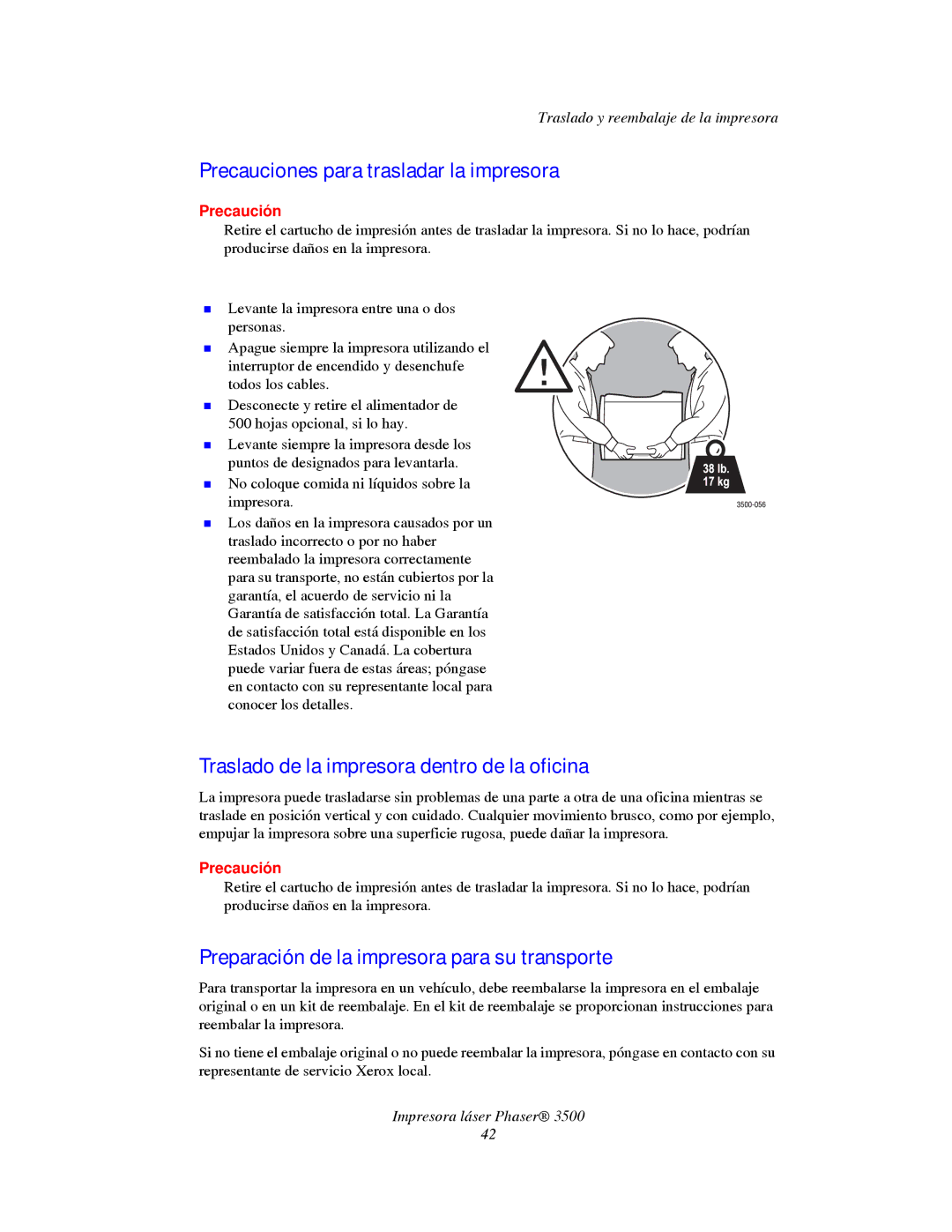 Xerox 3500 manual Precauciones para trasladar la impresora, Traslado de la impresora dentro de la oficina 