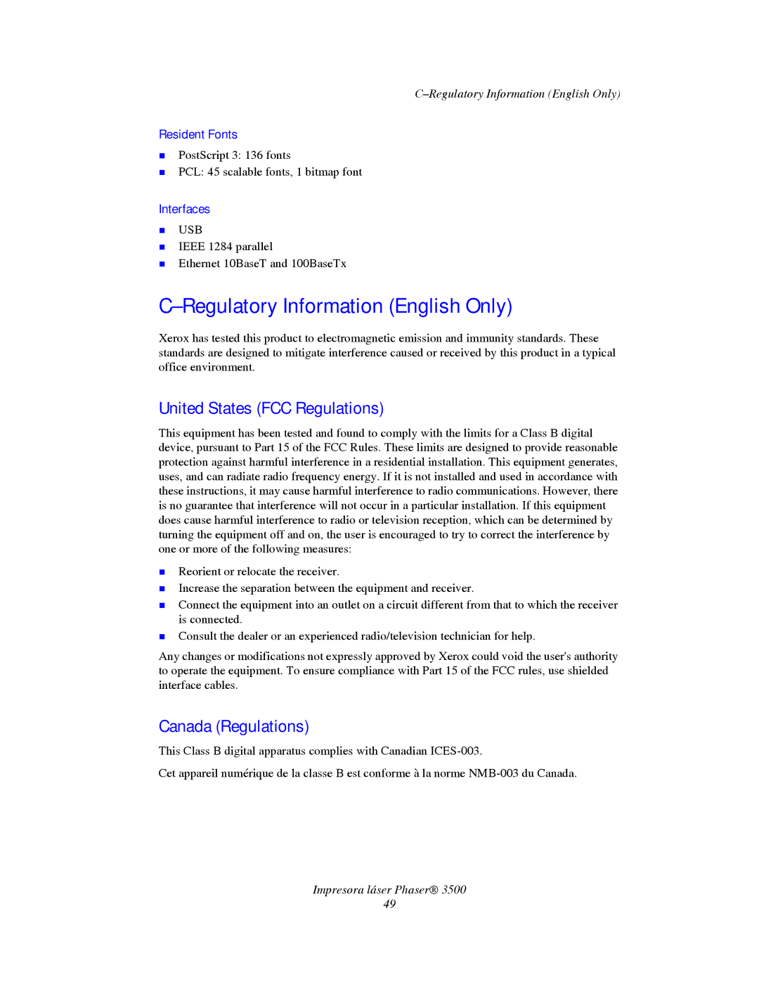 Xerox 3500 manual Regulatory Information English Only, United States FCC Regulations, Canada Regulations, Resident Fonts 