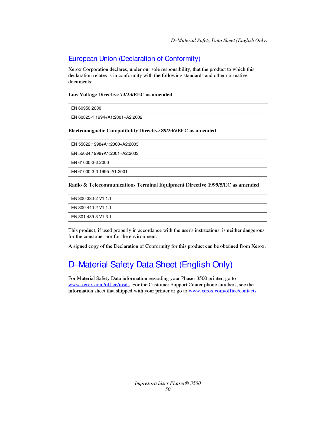 Xerox 3500 manual Material Safety Data Sheet English Only, European Union Declaration of Conformity 