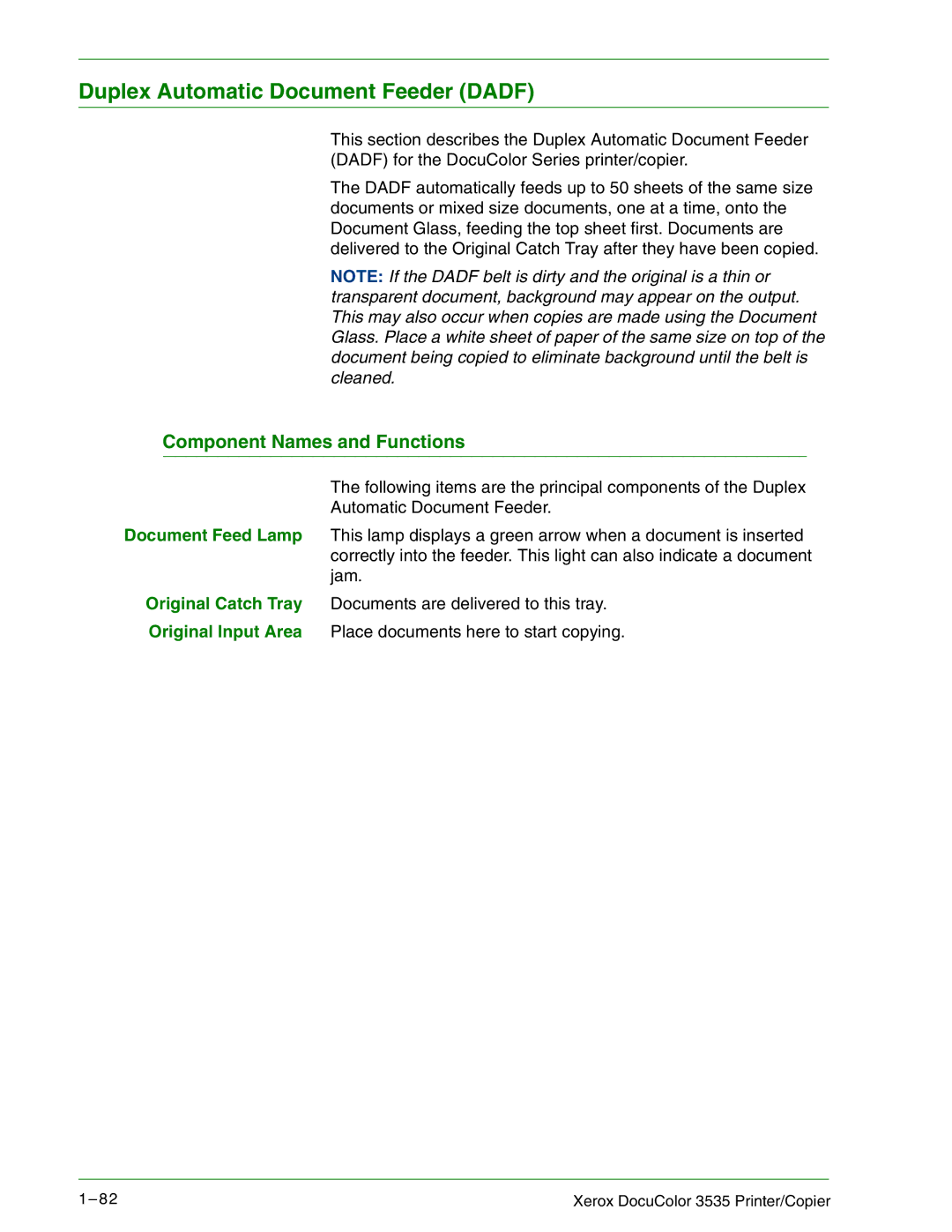 Xerox 3535 manual Duplex Automatic Document Feeder Dadf, Component Names and Functions 