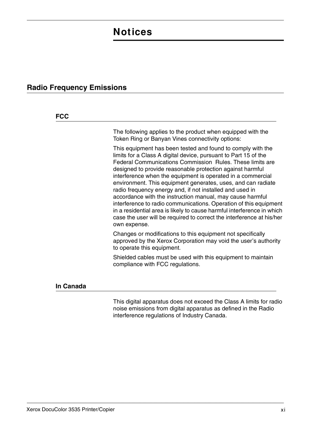 Xerox 3535 manual Radio Frequency Emissions 