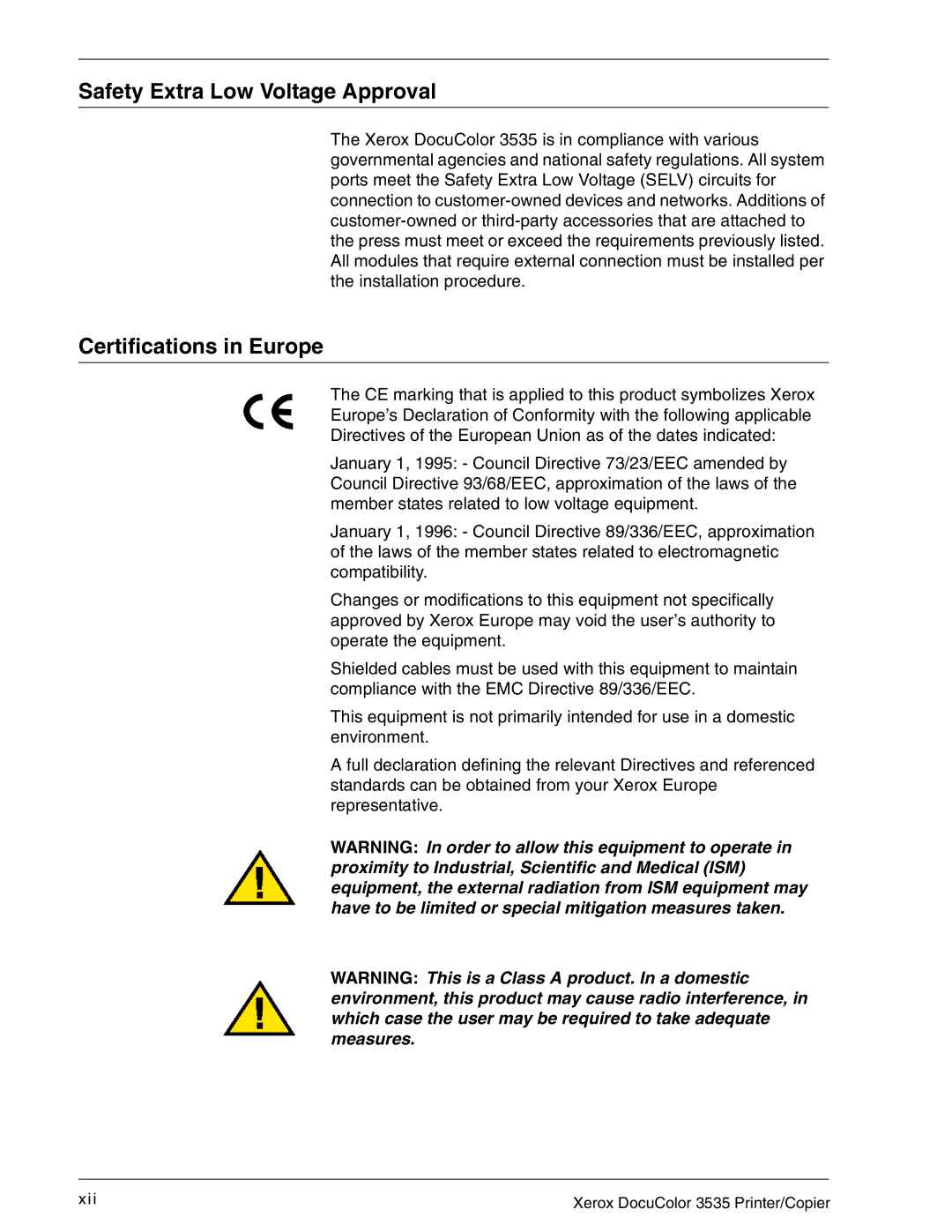 Xerox 3535 manual Safety Extra Low Voltage Approval 