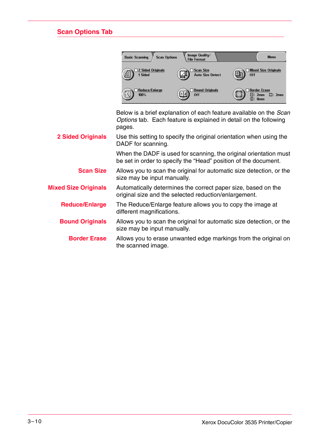 Xerox 3535 manual Scan Options Tab 