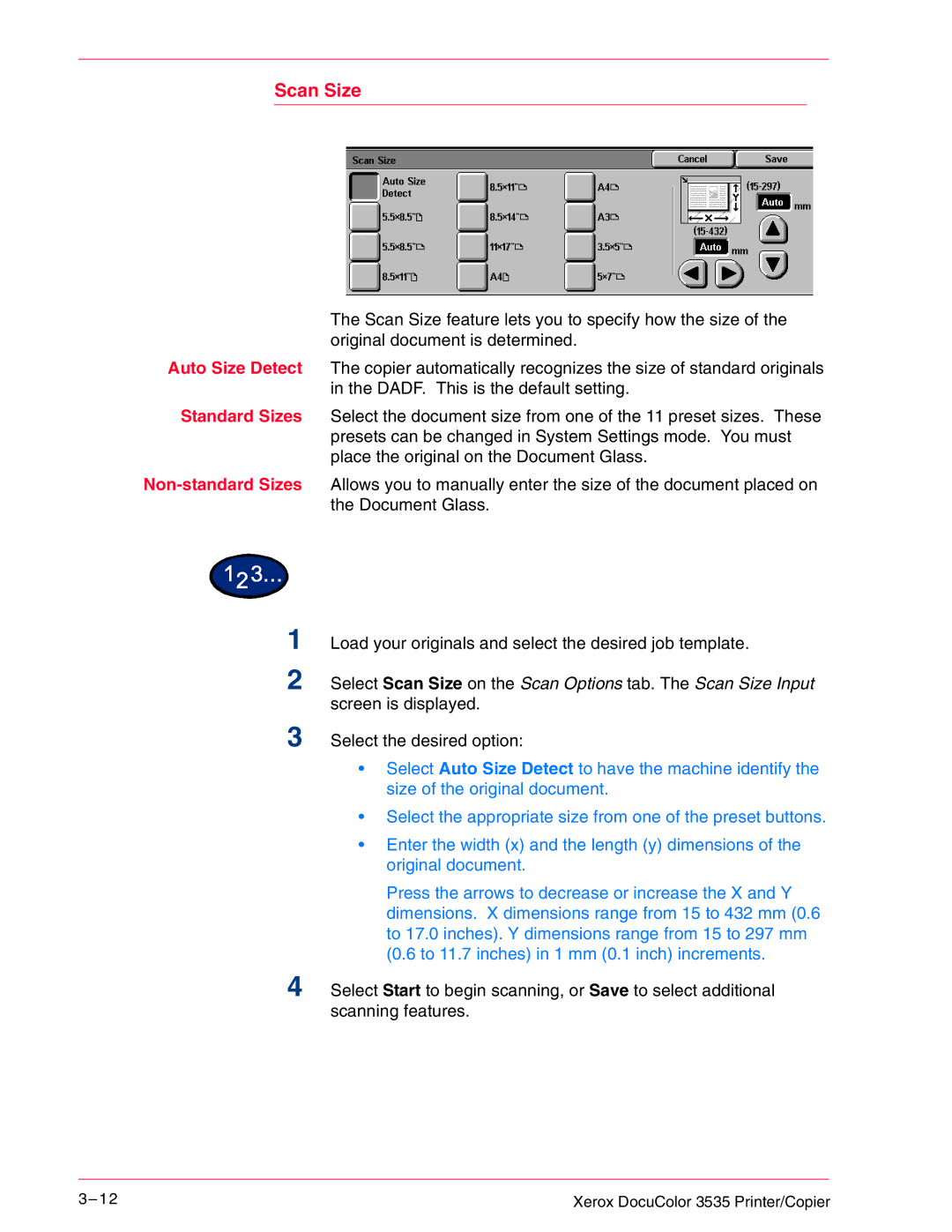 Xerox 3535 manual Scan Size 