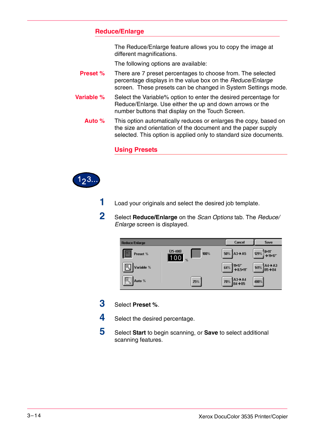 Xerox 3535 manual Reduce/Enlarge 