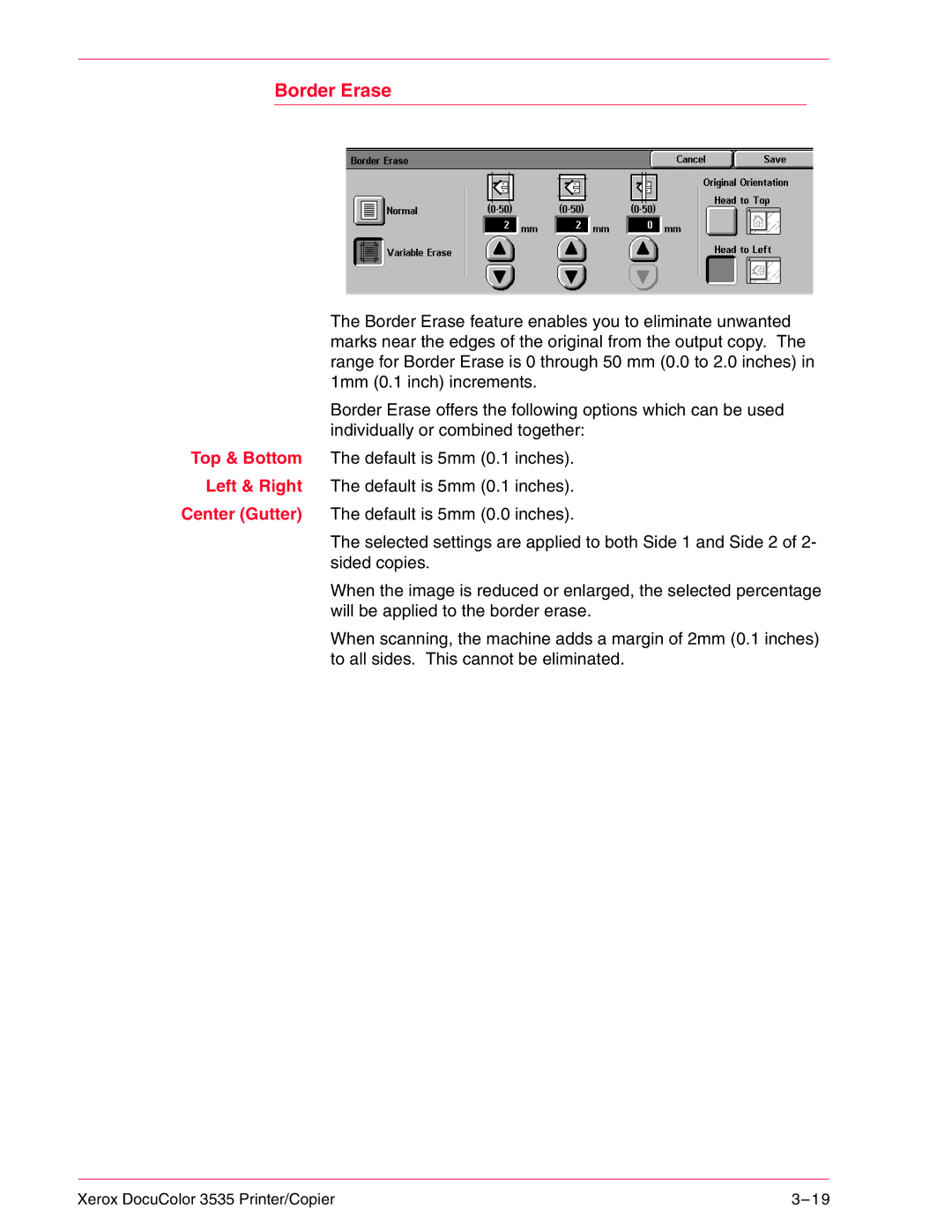 Xerox 3535 manual Border Erase 