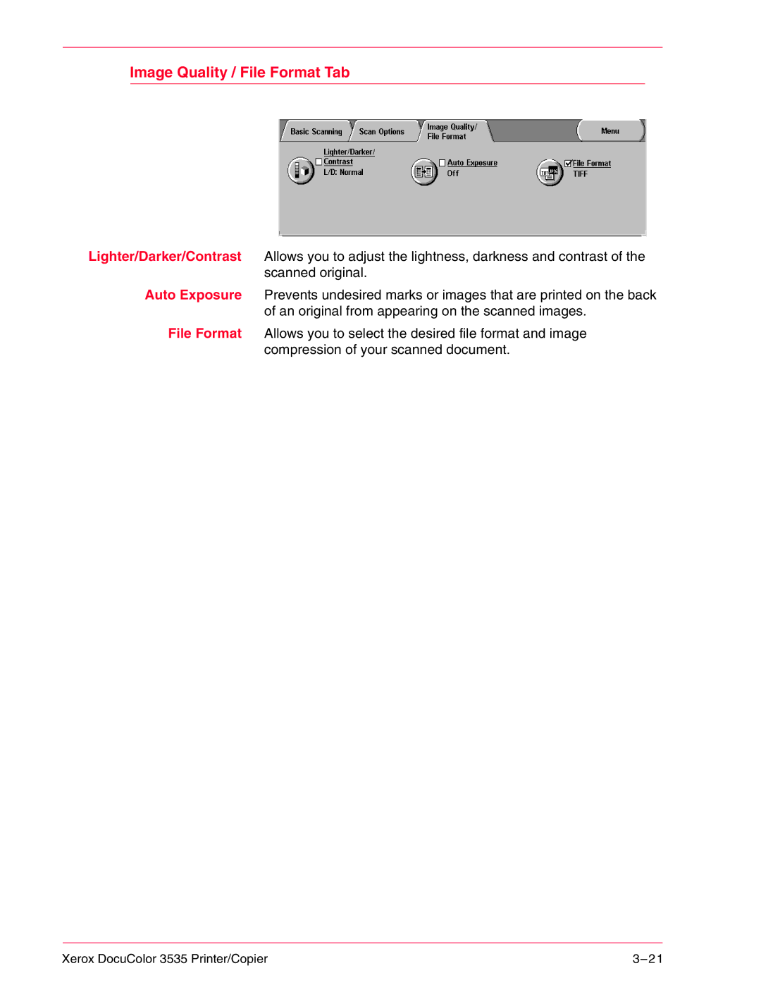 Xerox 3535 manual Image Quality / File Format Tab 