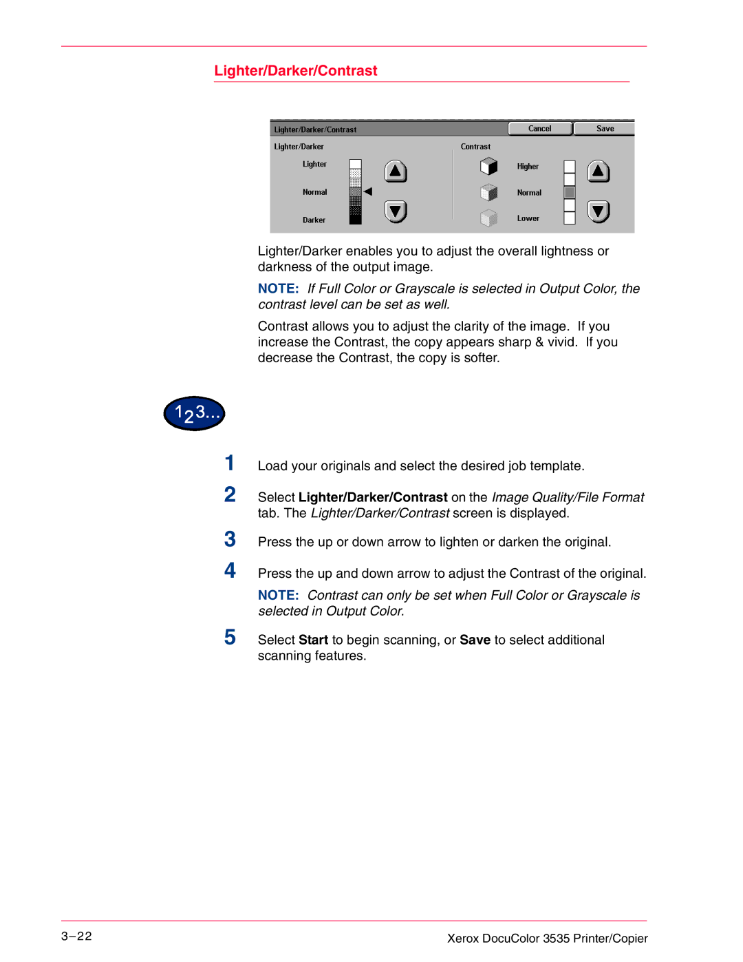 Xerox 3535 manual Lighter/Darker/Contrast 