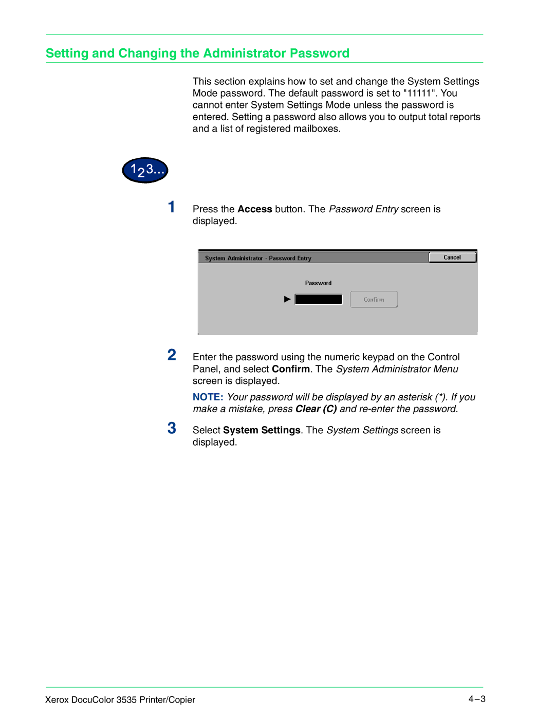 Xerox 3535 manual Setting and Changing the Administrator Password 