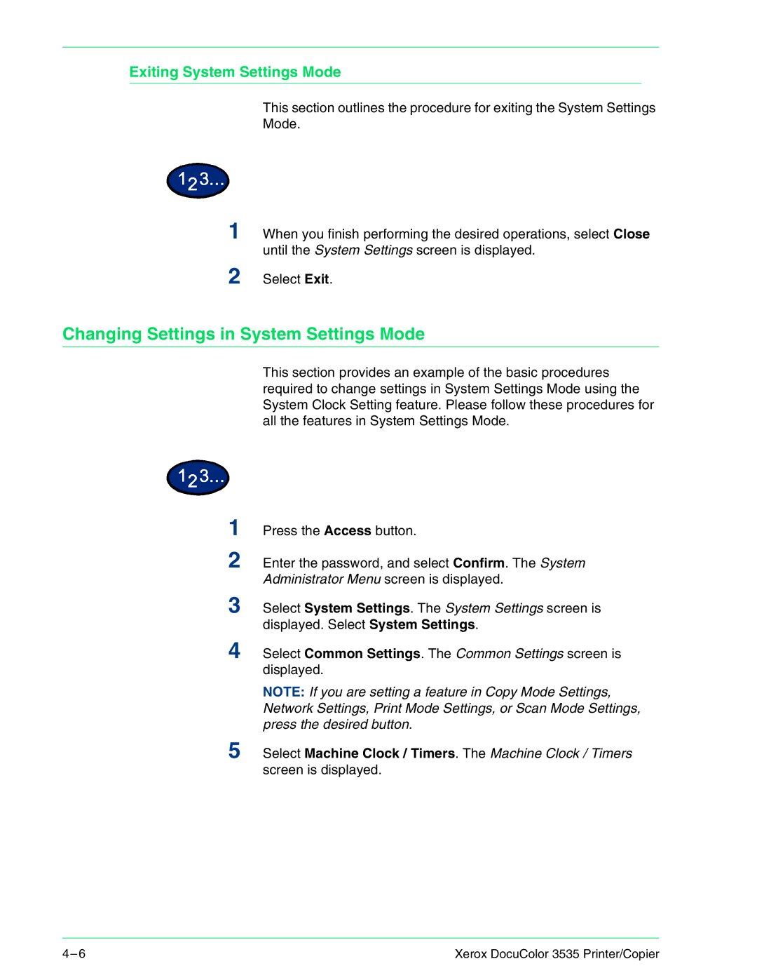 Xerox 3535 manual Changing Settings in System Settings Mode, Exiting System Settings Mode 