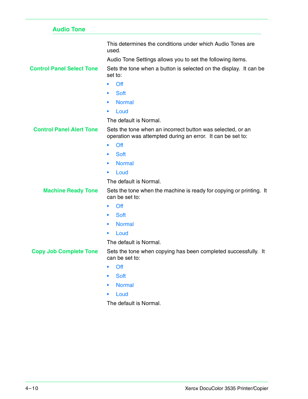 Xerox 3535 manual Audio Tone, Off Soft Normal Loud 