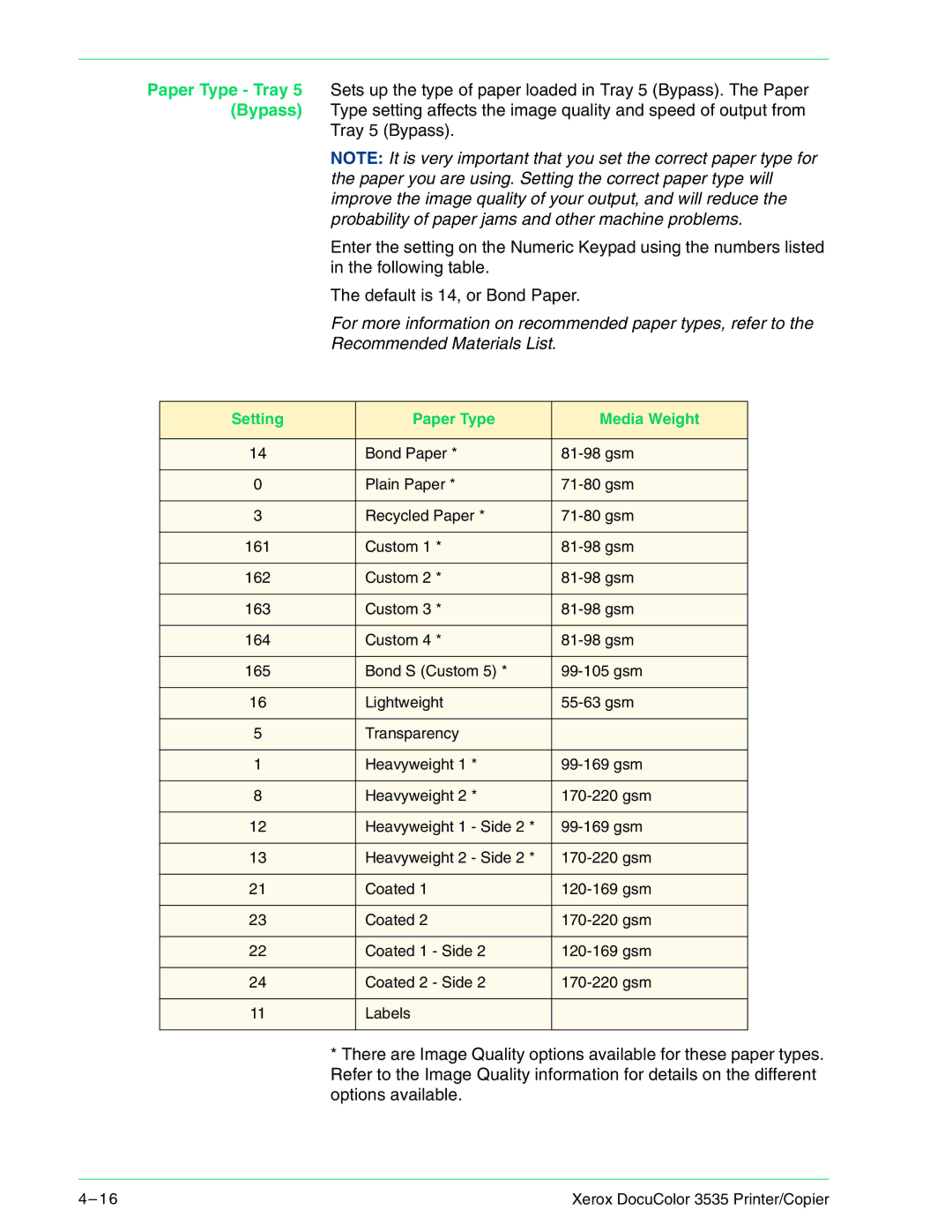 Xerox 3535 manual Setting Paper Type Media Weight 