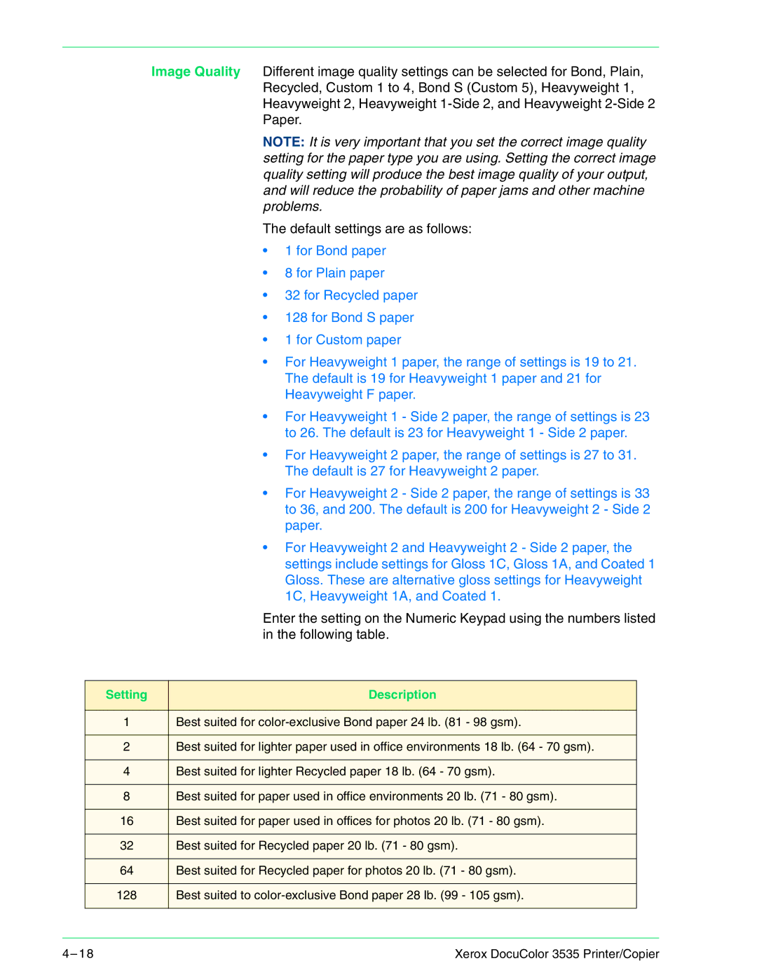 Xerox 3535 manual Gloss. These are alternative gloss settings for Heavyweight 