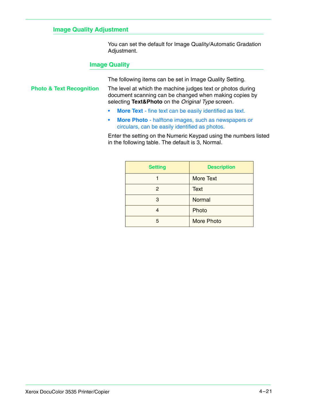 Xerox 3535 manual Image Quality Adjustment 