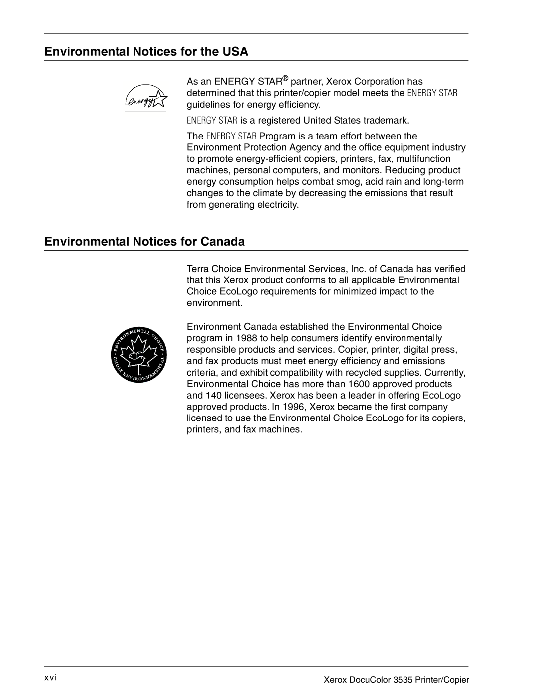 Xerox 3535 manual Environmental Notices for the USA 