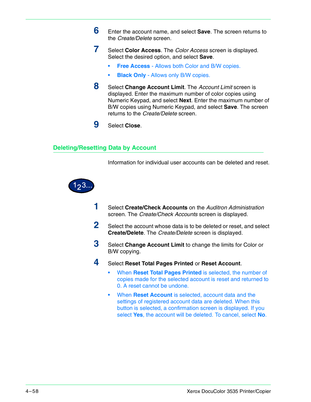 Xerox 3535 manual Deleting/Resetting Data by Account, Select Reset Total Pages Printed or Reset Account 