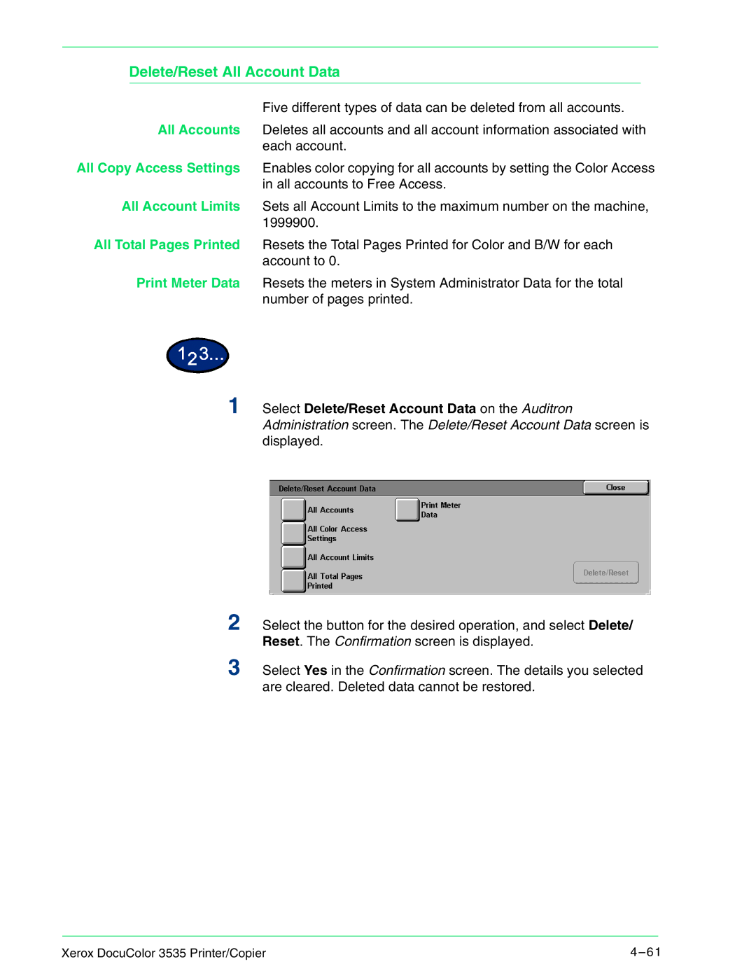 Xerox 3535 manual Delete/Reset All Account Data 