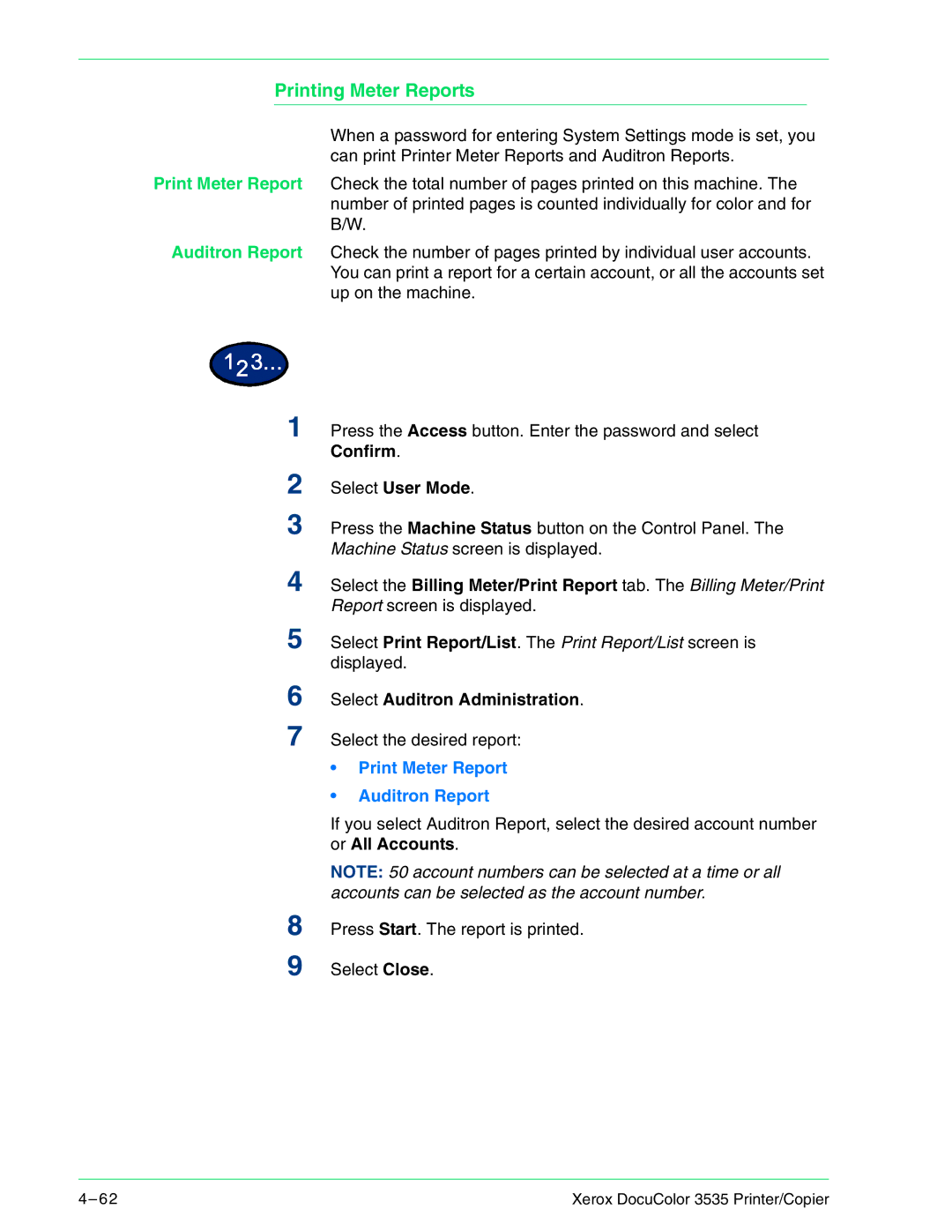 Xerox 3535 manual Printing Meter Reports, Print Meter Report Auditron Report 