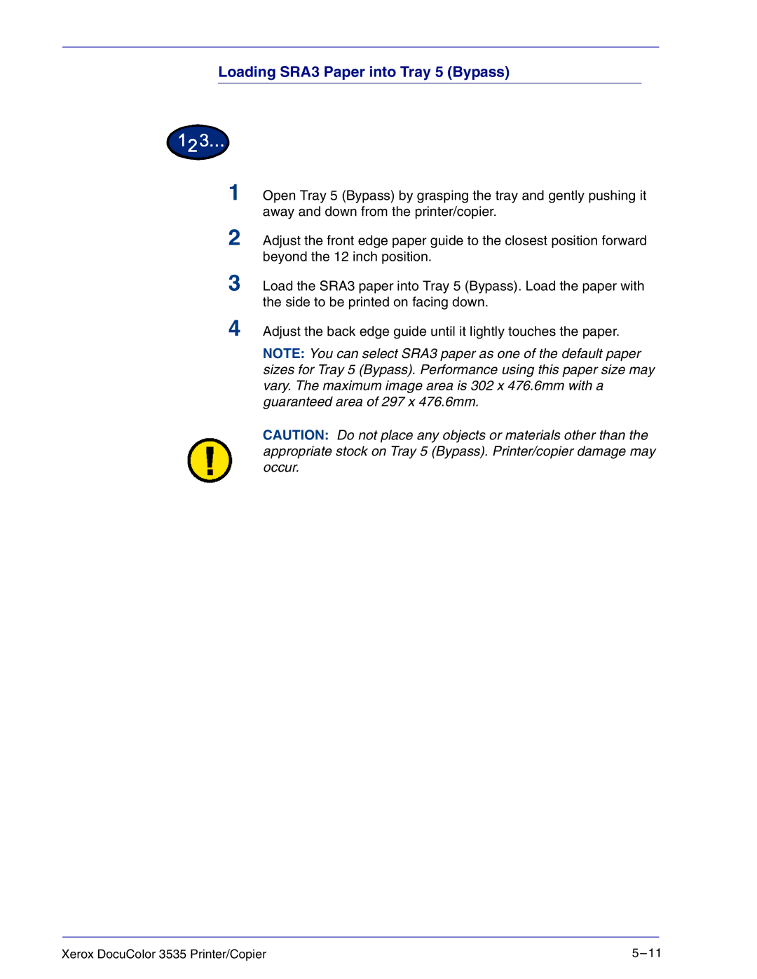 Xerox 3535 manual Loading SRA3 Paper into Tray 5 Bypass 