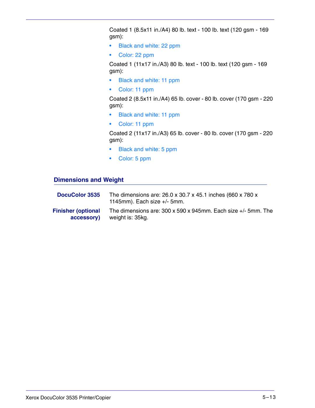 Xerox 3535 manual Dimensions and Weight 