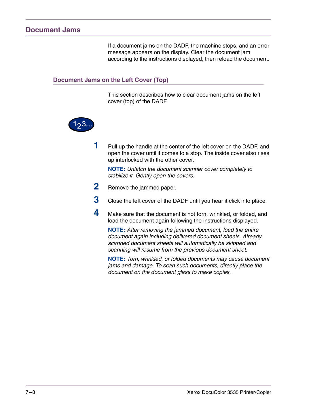 Xerox 3535 manual Document Jams 