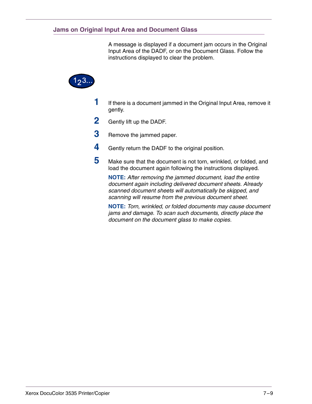 Xerox 3535 manual Jams on Original Input Area and Document Glass 