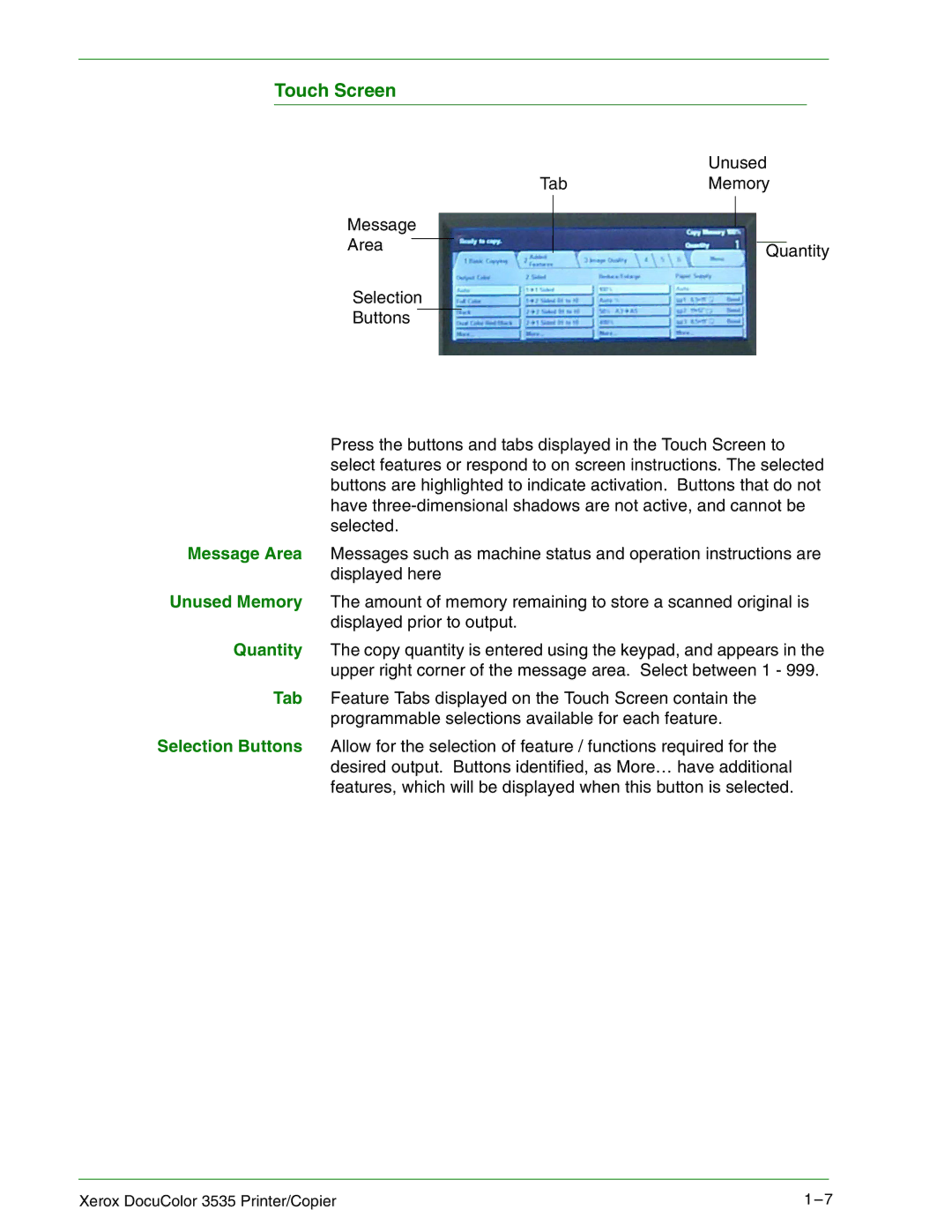 Xerox 3535 manual Touch Screen 