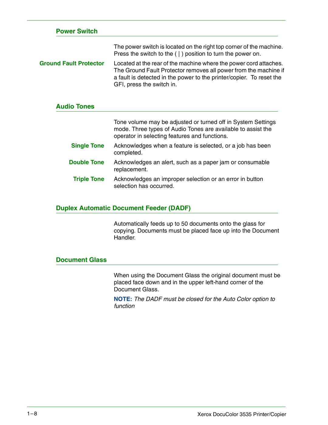 Xerox 3535 manual Power Switch, Audio Tones, Duplex Automatic Document Feeder Dadf, Document Glass 