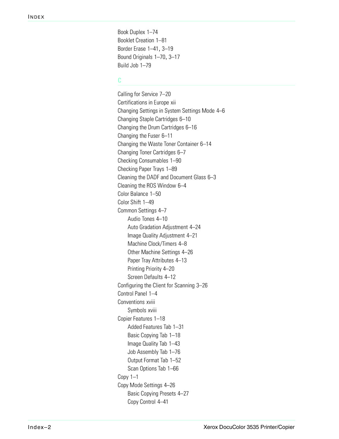 Xerox manual Index Xerox DocuColor 3535 Printer/Copier 