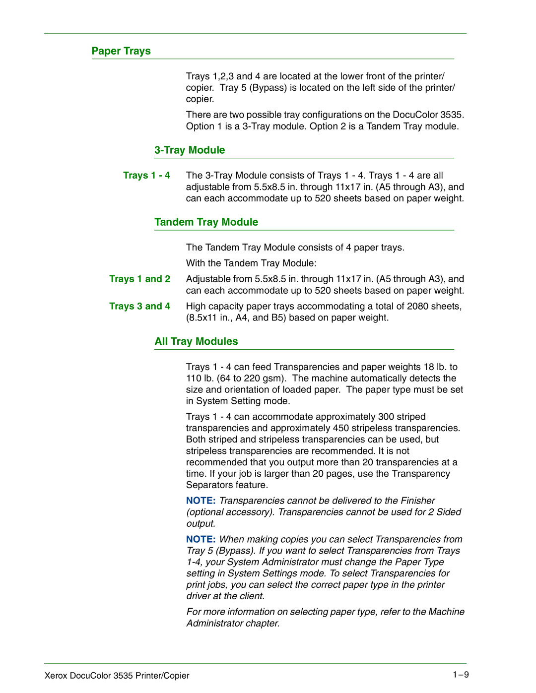 Xerox 3535 manual Paper Trays, Tandem Tray Module, All Tray Modules 