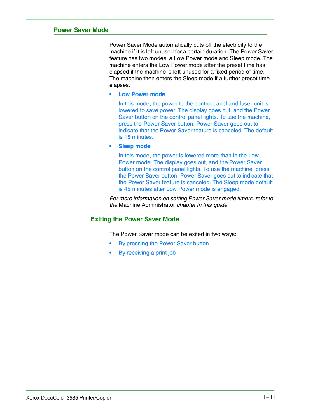 Xerox 3535 manual Exiting the Power Saver Mode, Low Power mode, Sleep mode 