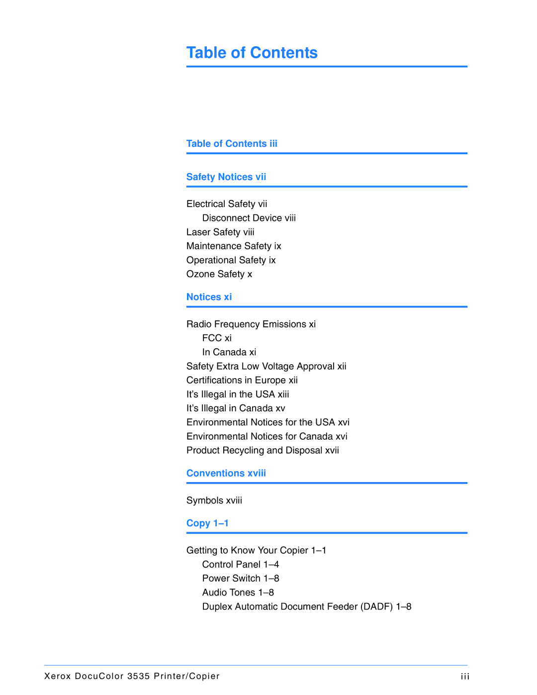 Xerox 3535 manual Table of Contents 