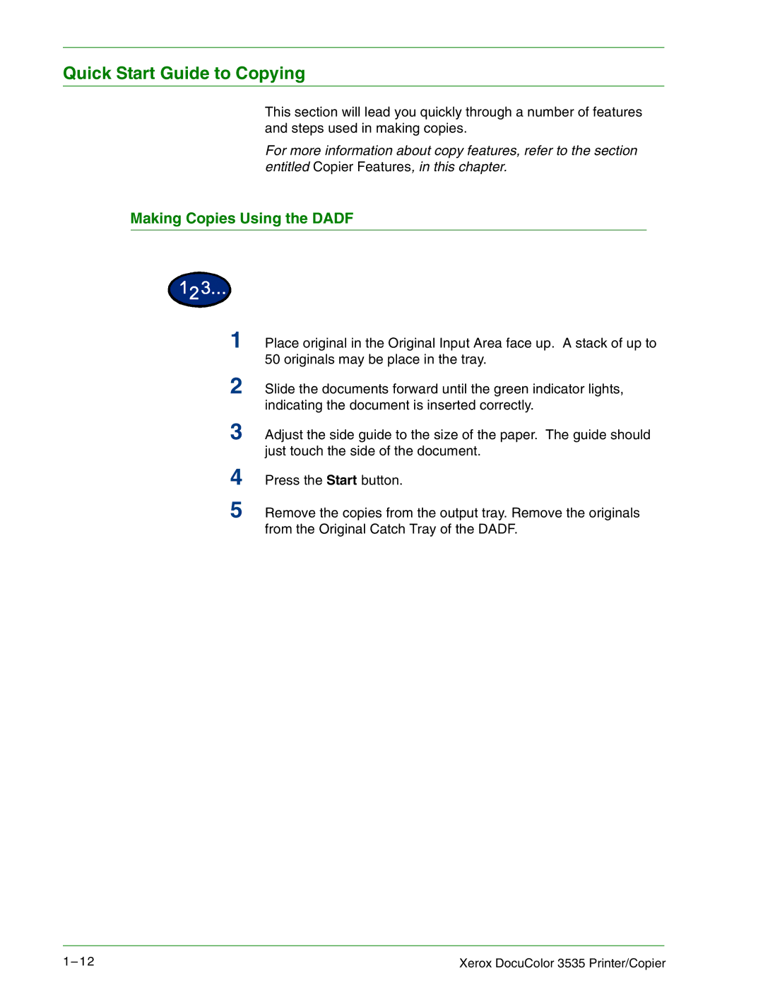 Xerox 3535 manual Quick Start Guide to Copying, Making Copies Using the Dadf 