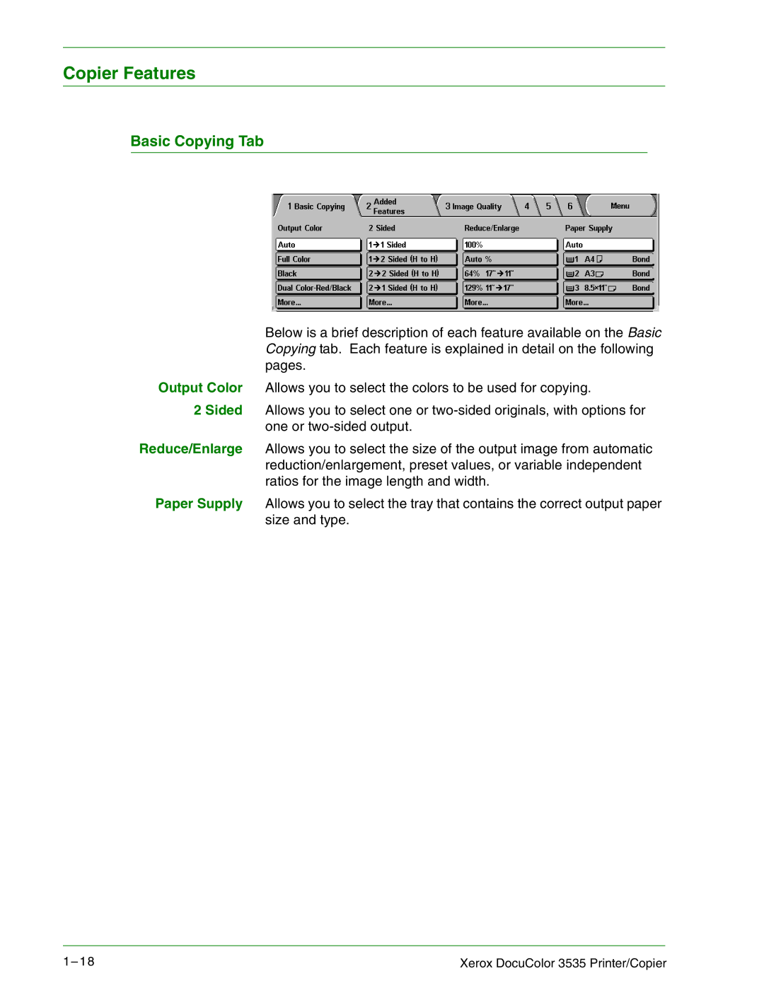 Xerox 3535 manual Copier Features, Basic Copying Tab 