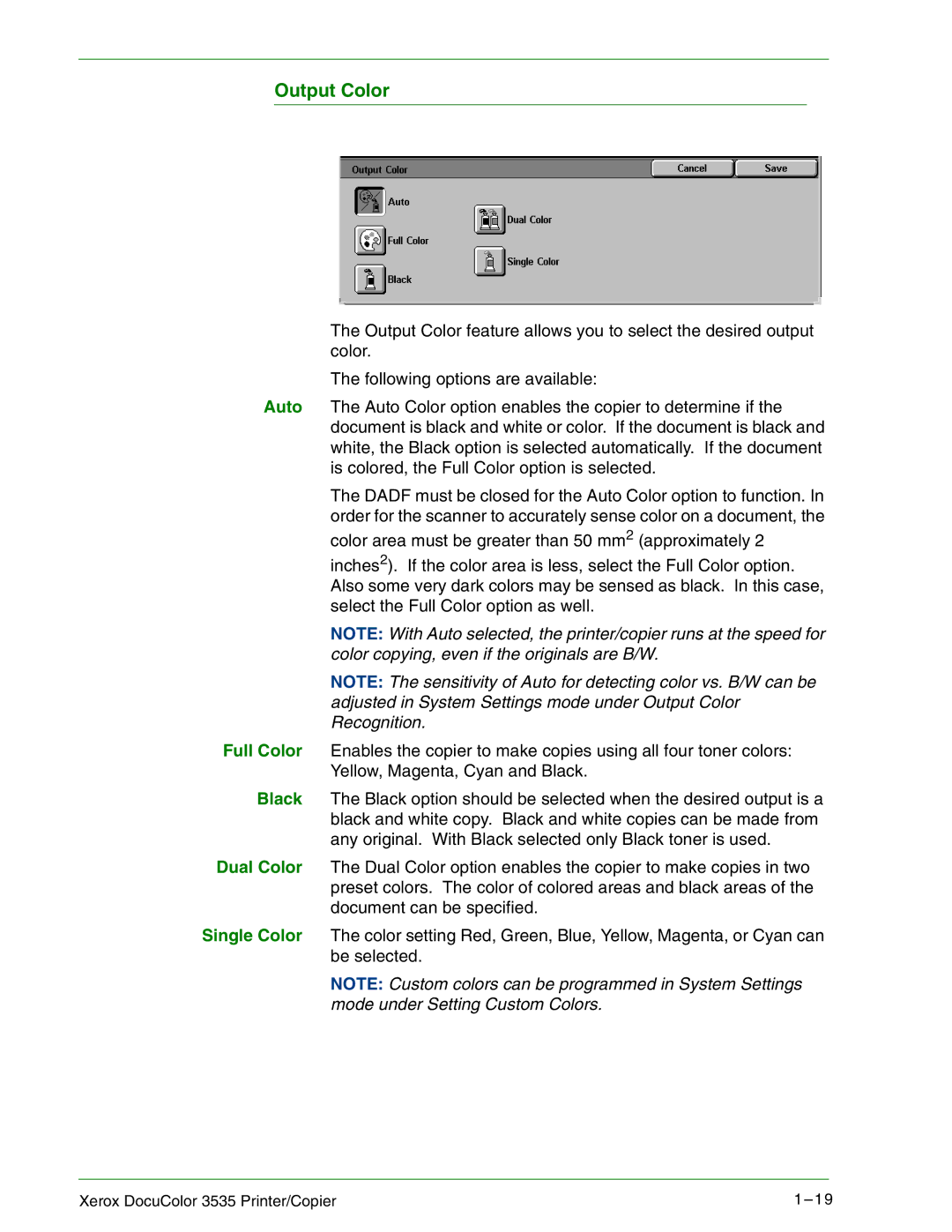 Xerox 3535 manual Output Color 