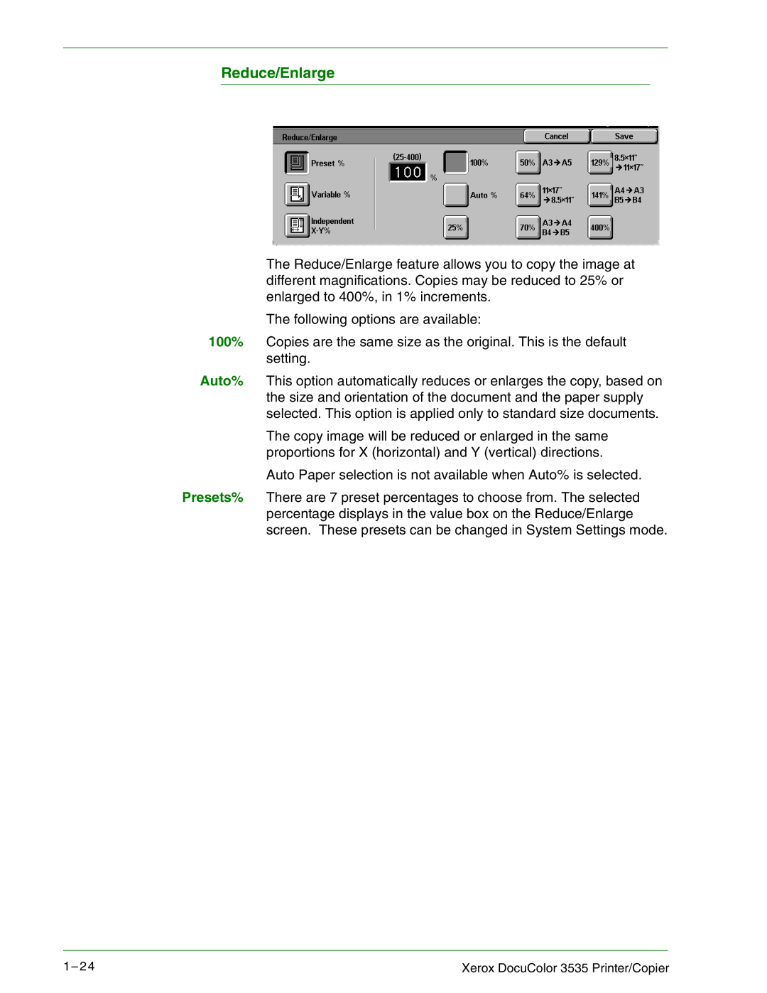 Xerox 3535 manual Reduce/Enlarge 