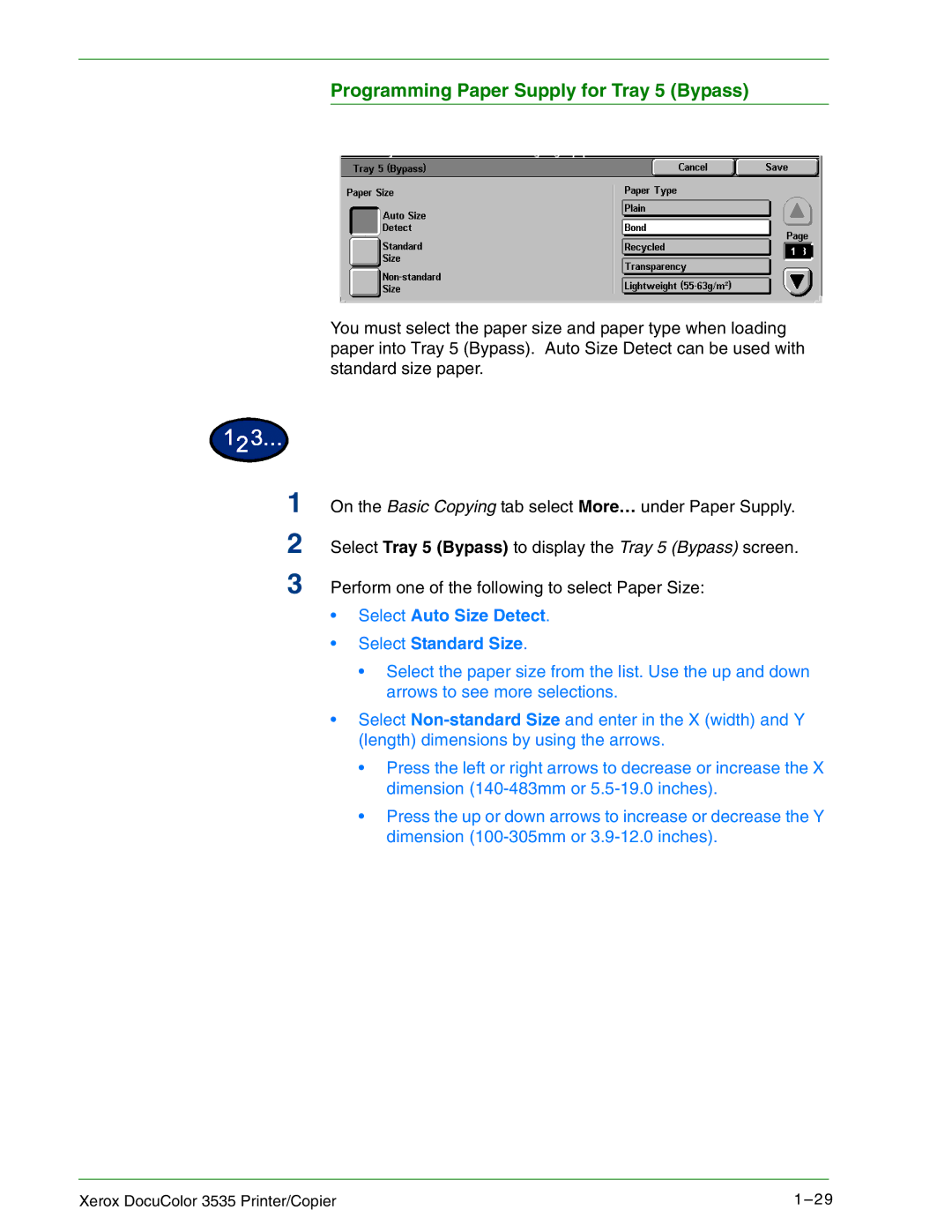 Xerox 3535 manual Programming Paper Supply for Tray 5 Bypass, Select Auto Size Detect Select Standard Size 