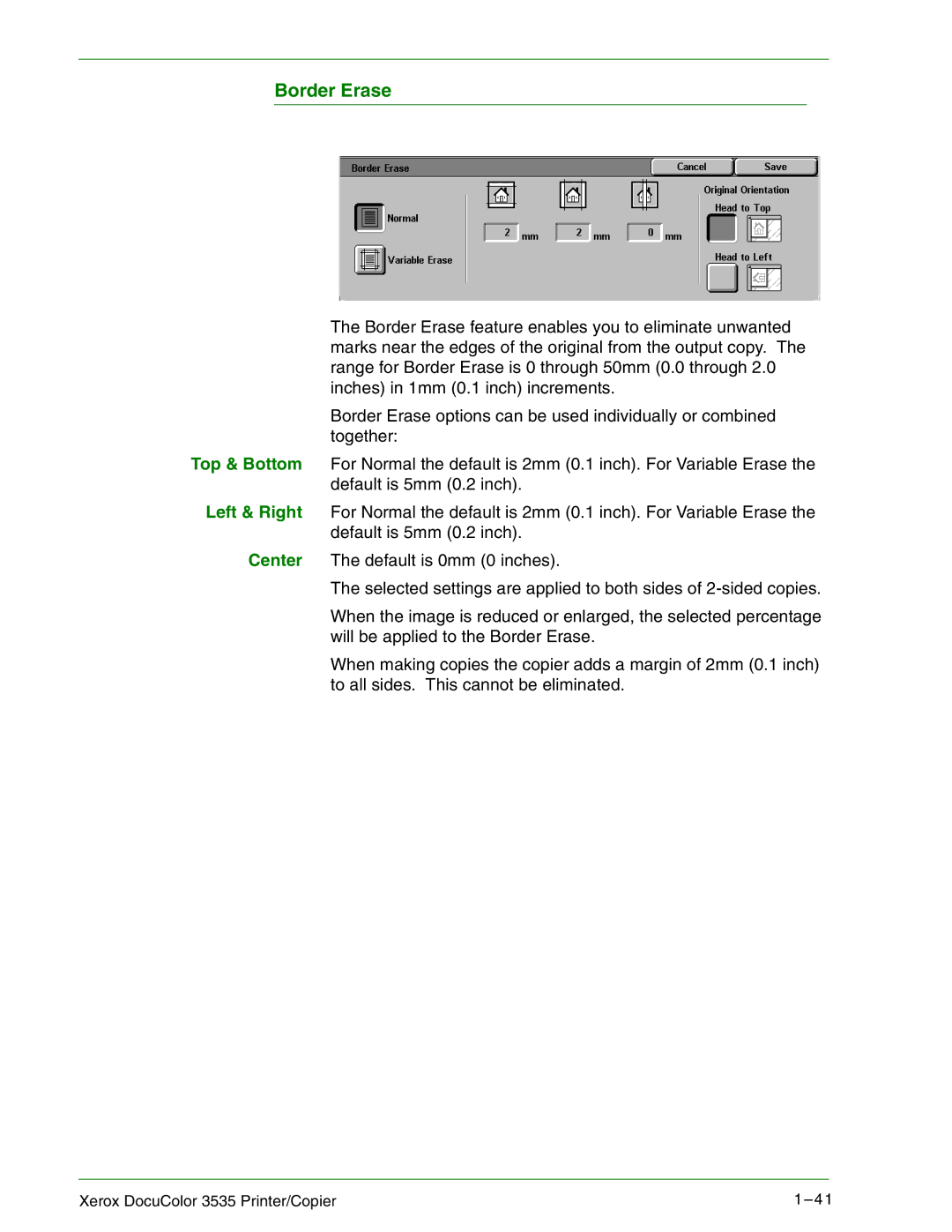 Xerox 3535 manual Border Erase 