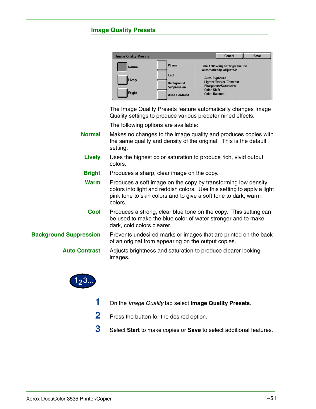 Xerox 3535 manual On the Image Quality tab select Image Quality Presets 