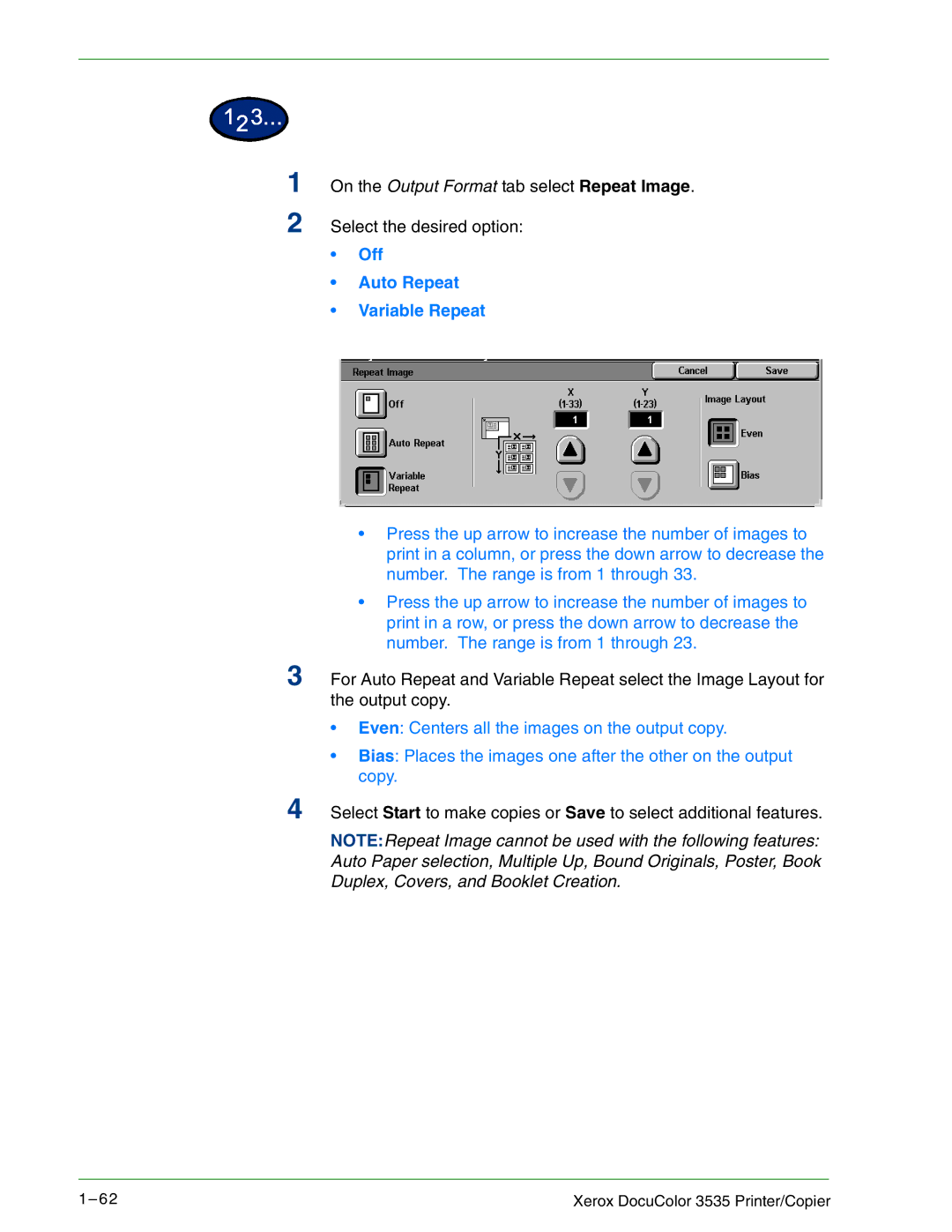 Xerox 3535 manual Off Auto Repeat Variable Repeat 