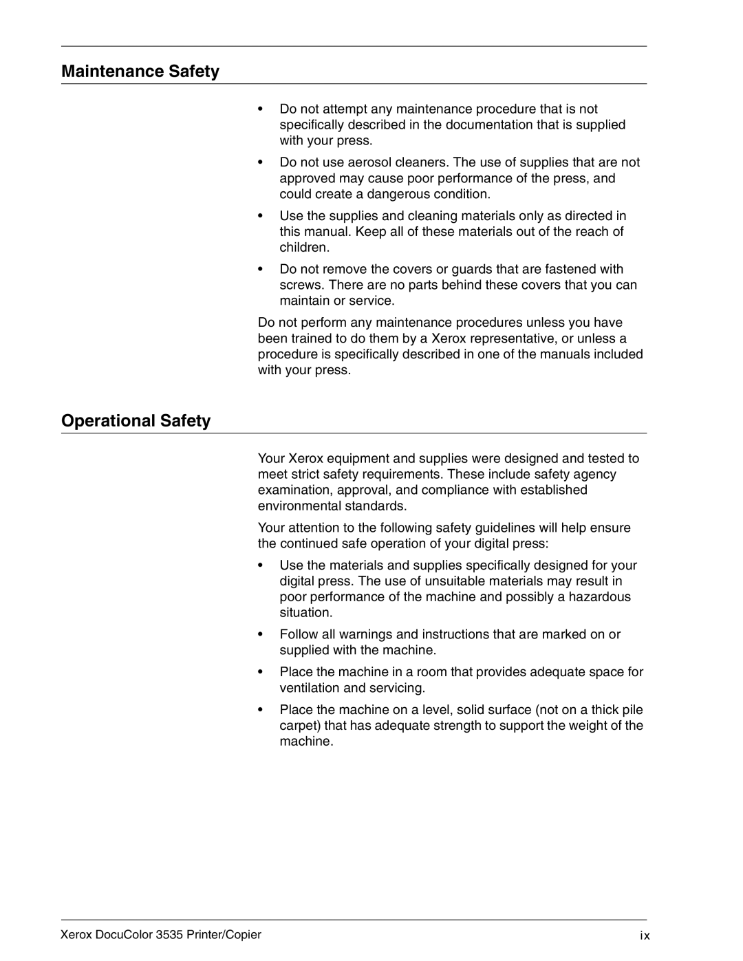 Xerox 3535 manual Maintenance Safety 