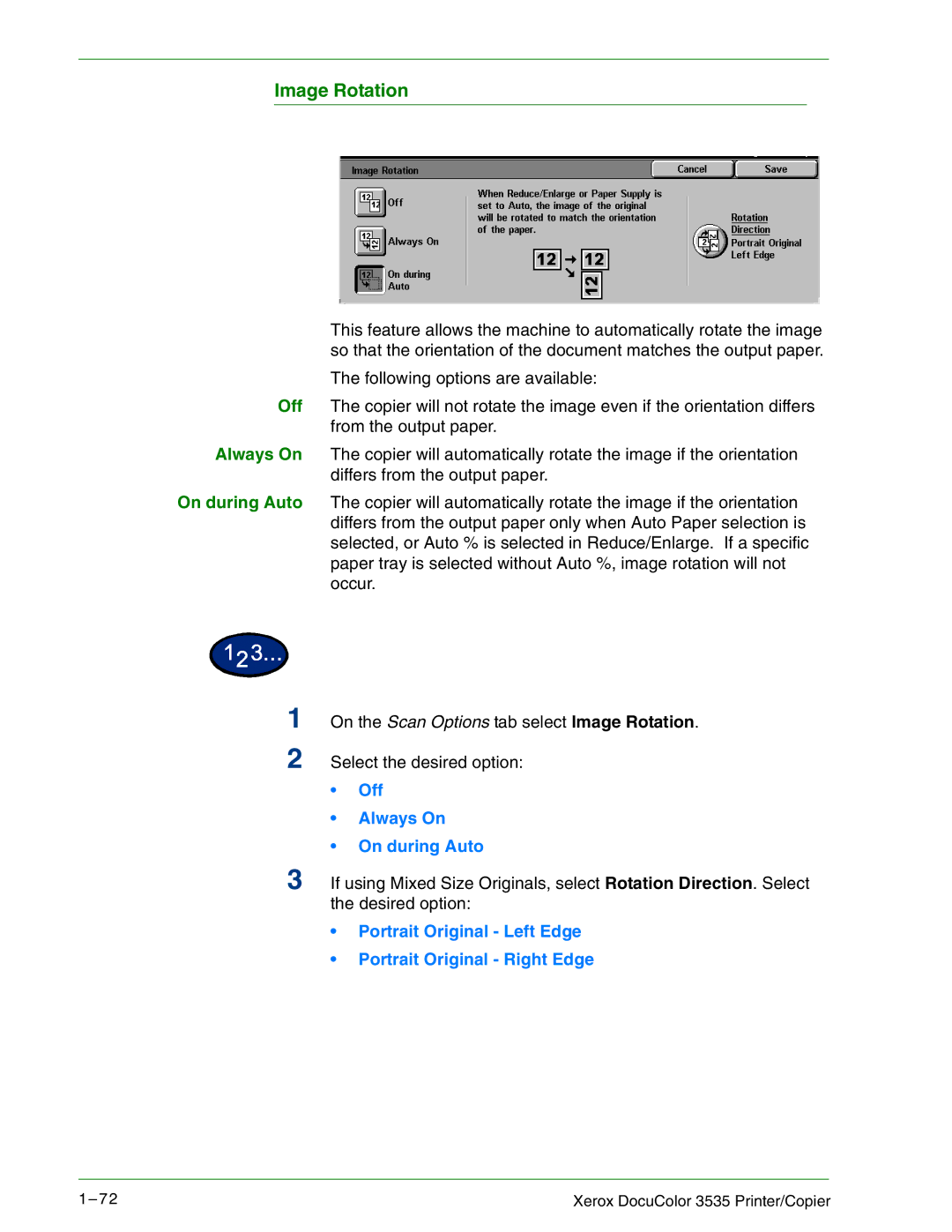Xerox 3535 manual Image Rotation, Off Always On On during Auto, Portrait Original Left Edge Portrait Original Right Edge 
