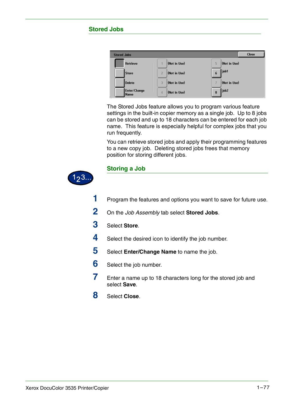 Xerox 3535 manual Stored Jobs, Storing a Job 