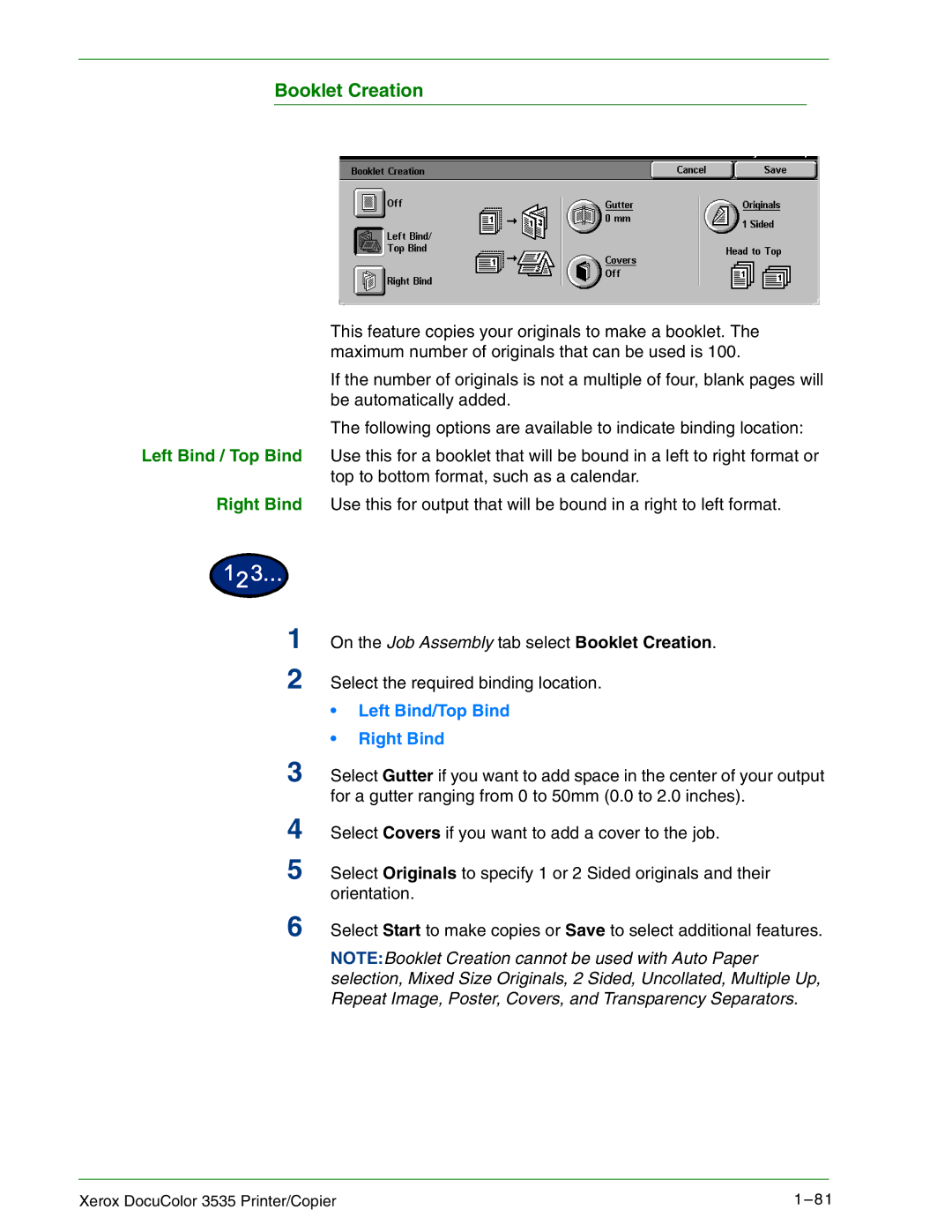 Xerox 3535 manual Booklet Creation, Left Bind/Top Bind Right Bind 